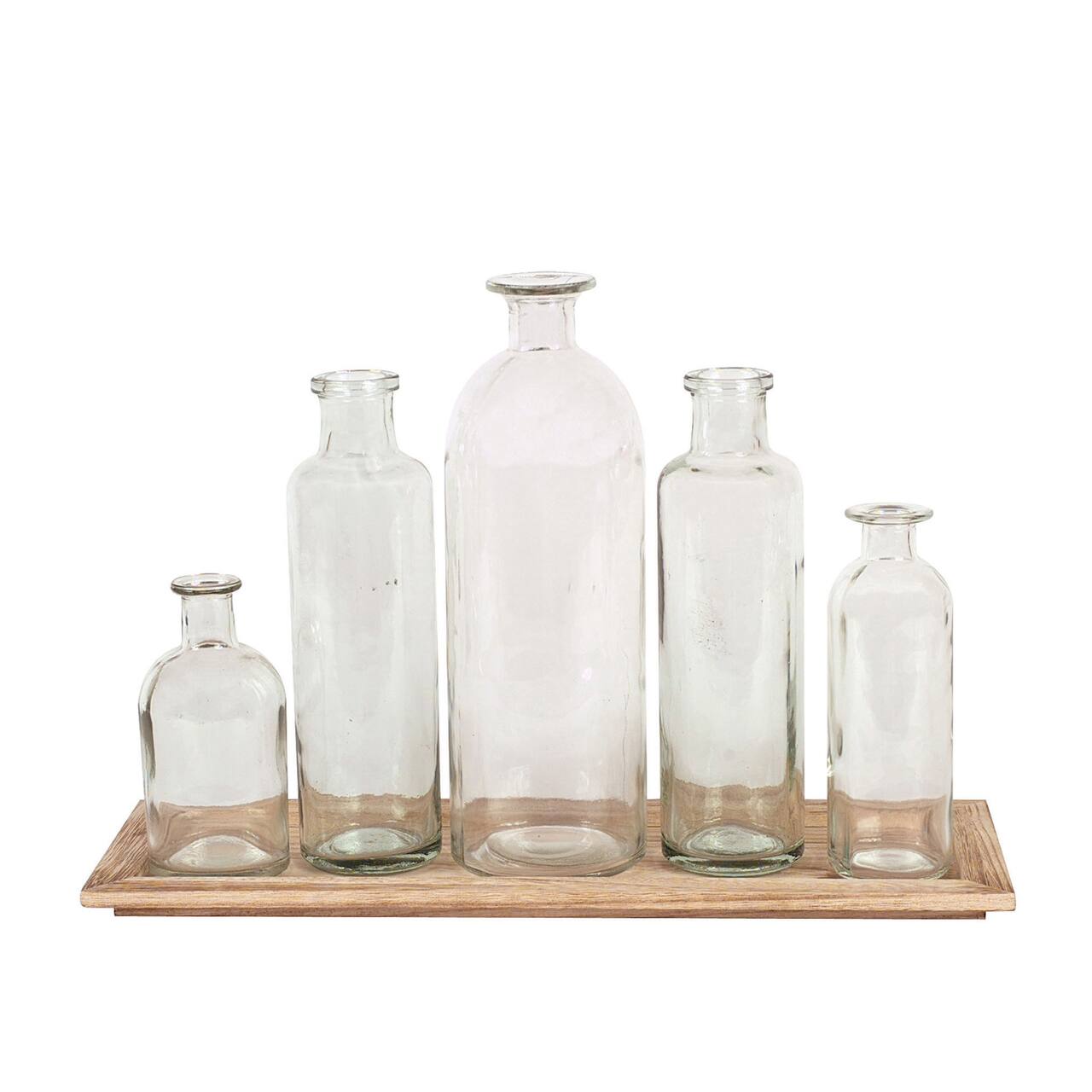 Vintage Bottle Vases on Wood Tray Combination Set
